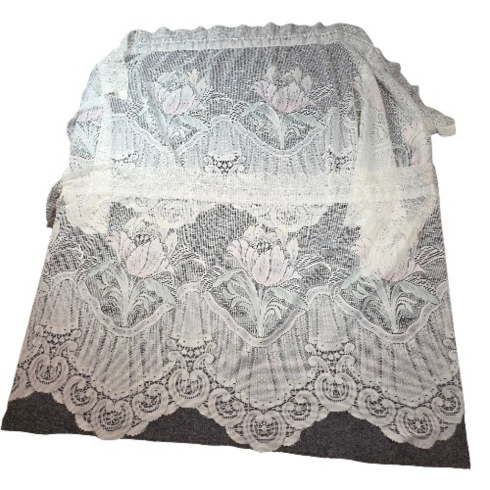 Vintage 2pc White Lace Floral Pink Tulip Cafe Curtain Valance Scalloped Edge